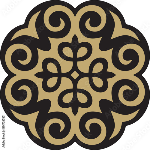Vector golden and black  Kazakh national ornament. Ethnic pattern of the peoples of the Great Steppe