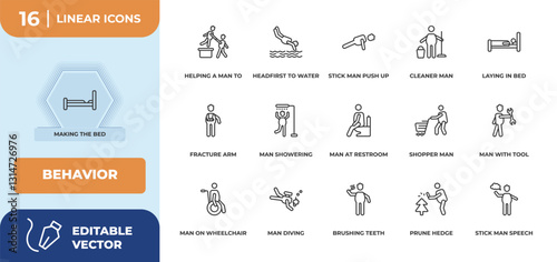 outline icons set - behavior concept. making the bed, helping a man to climb and more.