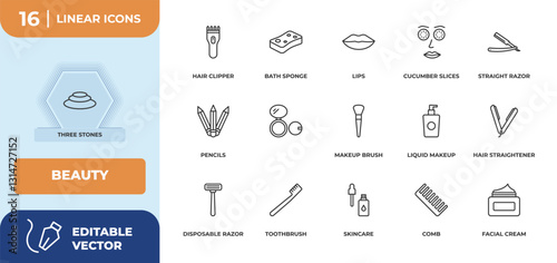 outline icons set - beauty concept. three stones, hair clipper and more.