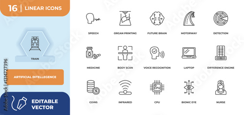 outline icons set - artificial intellegence concept. train, speech and more.