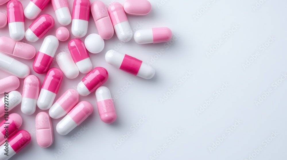 This image showcases a vibrant assortment of pink and white capsules scattered across a light surface, highlighting the theme of health and wellness in pharmaceutical products. This image showcases a vibrant assortment of pink and white capsules scattered across a light surface, highlighting the theme of health and wellness in pharmaceutical products.