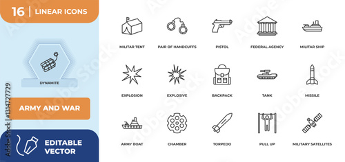 outline icons set - army and war concept. dynamite, militar tent and more.