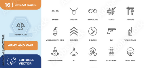 outline icons set - army and war concept. fighter plane, barbed and more.