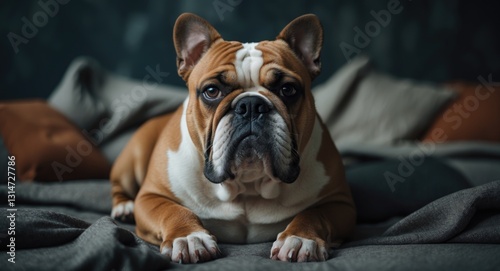 serious English bulldog amusingly at ease