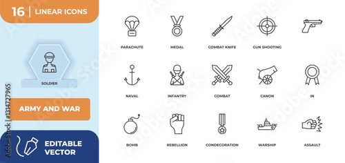 outline icons set - army and war concept. soldier, parachute and more.