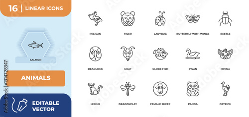 outline icons set - animals concept. salmon, pelican and more.