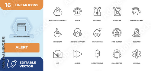 outline icons set - alert concept. do not cross line, firefighter helmet and more.