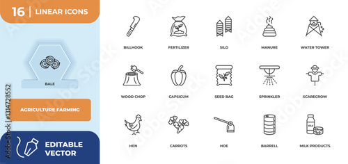 outline icons set - agriculture farming concept. bale, billhook and more.