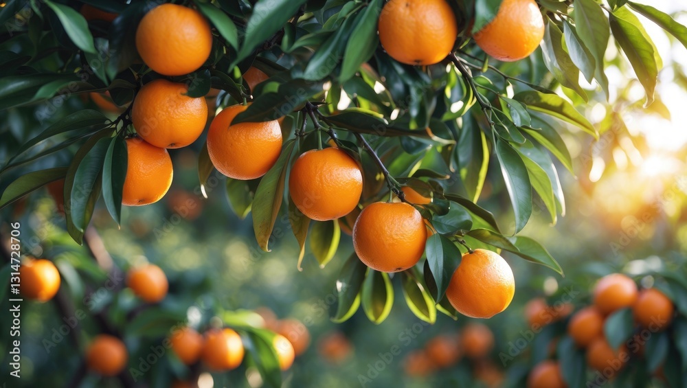Ripe orange fruits hanging on a tree amidst lush foliage. Perspective from below. Ripe orange fruits hanging on a tree amidst lush foliage. Perspective from below.