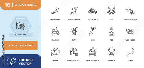 outline icons set - agriculture farming concept. hanging pot, caterpillar and more.