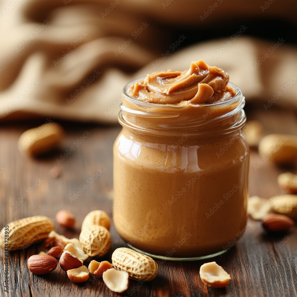 A jar with peanut butter on a wooden background. Jar of peanut butter with a cloth napkin. A jar with peanut butter on a wooden background. Jar of peanut butter with a cloth napkin.