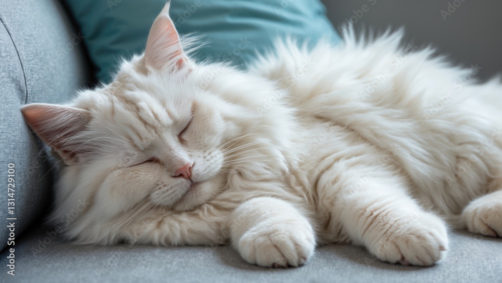 Portrait of a relaxed white furry cat resting on sofa. Adorable funny little kitty dozing on couch at animal facility. Portrait of a relaxed white furry cat resting on sofa. Adorable funny little kitty dozing on couch at animal facility.