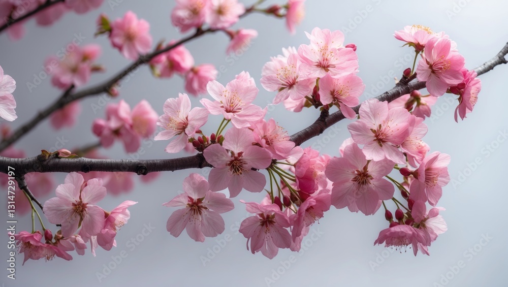 Fototapeta premium Sakura branch featuring pink blooms against a white background, isolated.