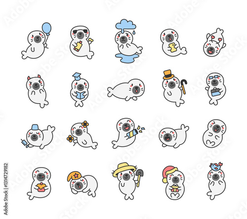 Adorable set of cute kawaii seal characters with different emotions, fun accessories, funny poses, and playful expressions in a delightful marine cartoon style for creative projects