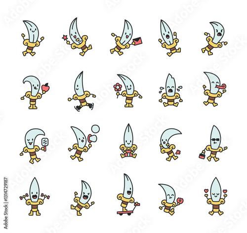 Adorable set of dagger knife characters showing different emotions, holding various objects, and performing multiple activities in a cute kawaii cartoon style for creative projects