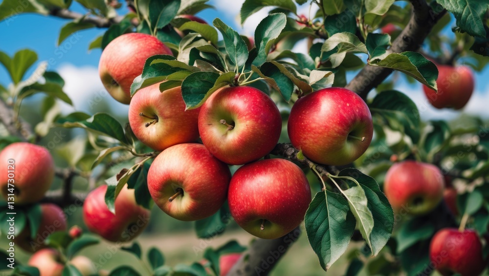 Obraz premium Ripe Red Apples on a Tree Branch - Fresh Organic Fruit Gathered Under a Sunny Blue Sky