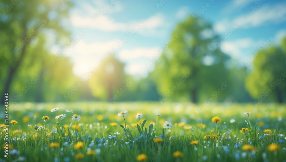 Fototapeta premium Beautiful blurred spring nature background featuring a blooming glade, trees, and a blue sky on a sunny day.