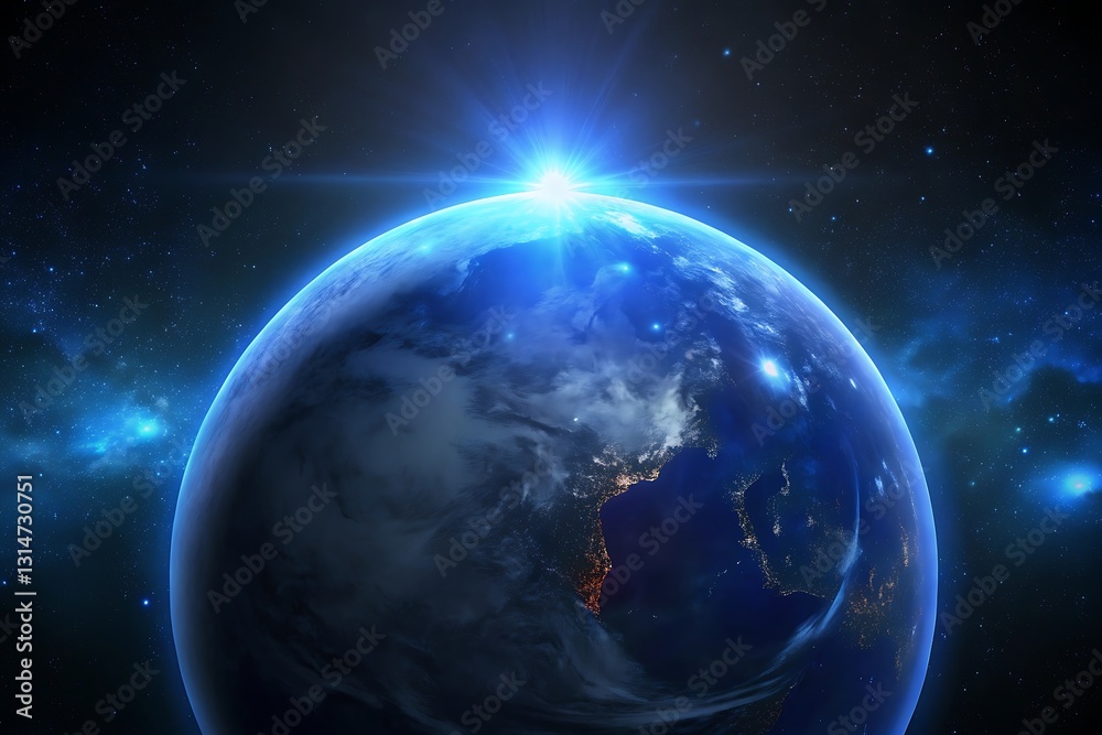 Fototapeta premium Earth from space, glowing blue planet, cosmic background