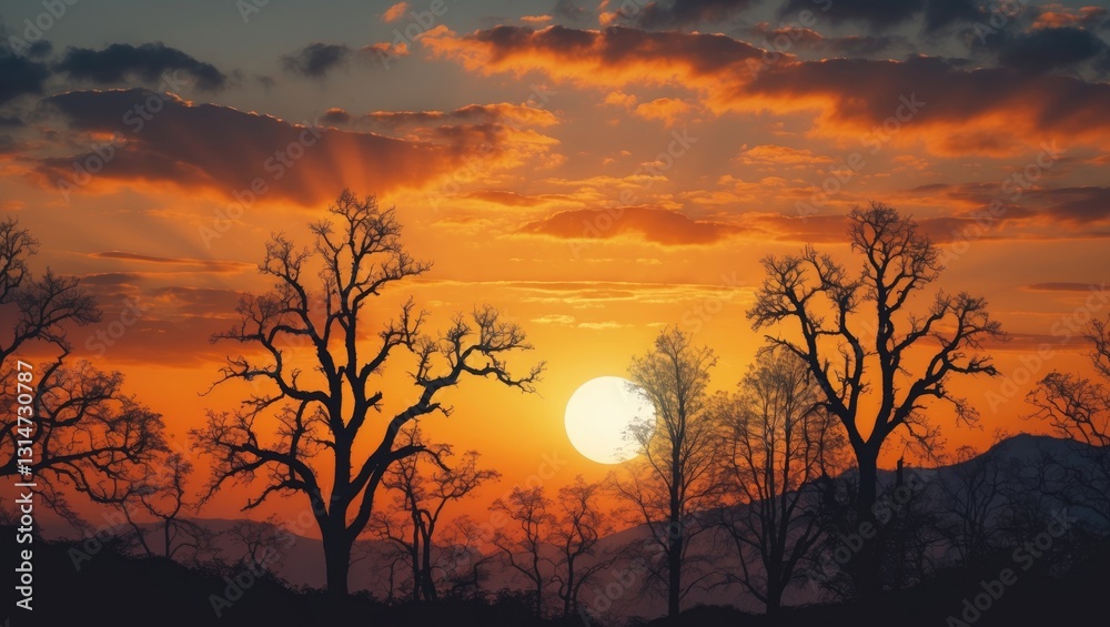 Fototapeta premium Stunning and remarkable sunset over the silhouettes. Beautiful sunset landscape wallpaper background scenery. Sunset above mountains and trees with striking clouds.