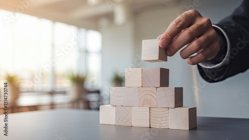 Building Success: A hand carefully places a wooden block atop a growing pyramid, symbolizing the strategic construction of a thriving business.  The image embodies the meticulous process of planning.