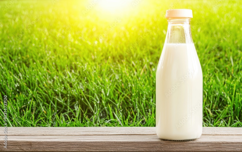 Glass bottle of milk on a porch step, with a sunrise and dewy grass, creamy white glowing in a fresh farm delivery moment Glass bottle of milk on a porch step, with a sunrise and dewy grass, creamy white glowing in a fresh farm delivery moment