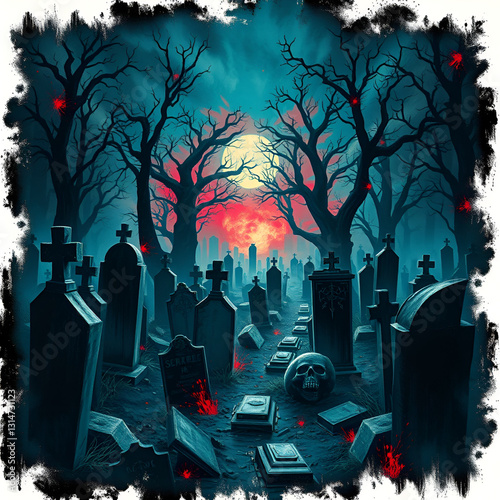 Fantastically mysterious cemetery with tombstones and terribly scary atmosphere, abstract vivid composition consists of fictional unreal fantastic vision on background photo