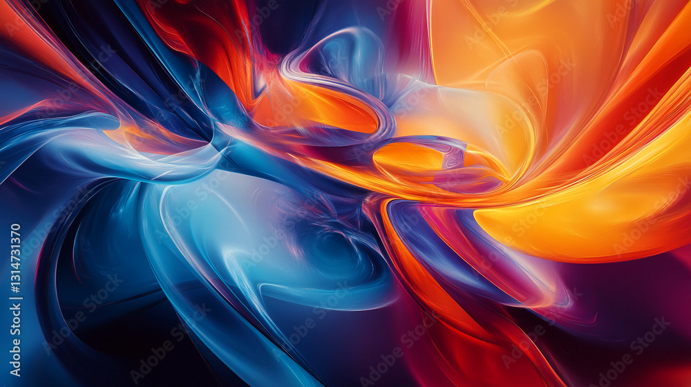 Fototapeta premium Abstract image with swirling blue, orange, and red hues creating a dynamic, flowing composition suggestive of energy, movement, and fluidity