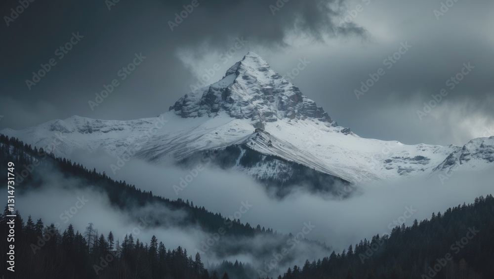 Obraz premium Atmospheric landscape in dark tones featuring a forested snowy mountain shrouded in low clouds. Gloomy overcast environment with towering mountains, forest, and snow beneath a lead gray sky. Dismal...