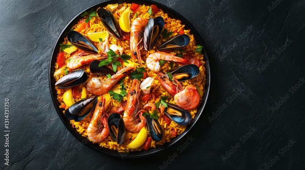 Paella A vibrant top-down shot of a seafood and saffron paella with shrimp, mussels, clams, and vegetables. Paella A vibrant top-down shot of a seafood and saffron paella with shrimp, mussels, clams, and vegetables.