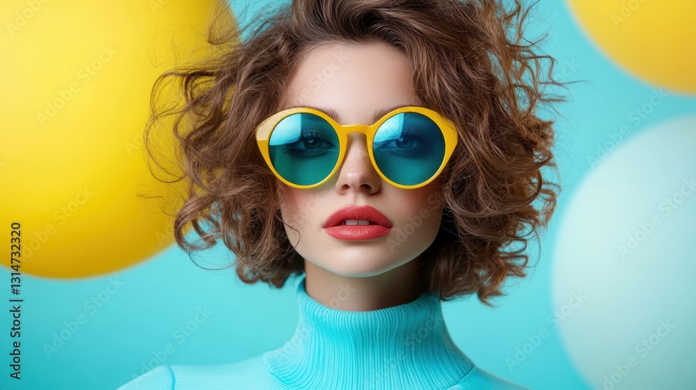 A stylish young woman with playful curls wearing bright yellow sunglasses, surrounded by soft colors that evoke a sense of cheerfulness and radiant summertime spirit. A stylish young woman with playful curls wearing bright yellow sunglasses, surrounded by soft colors that evoke a sense of cheerfulness and radiant summertime spirit.