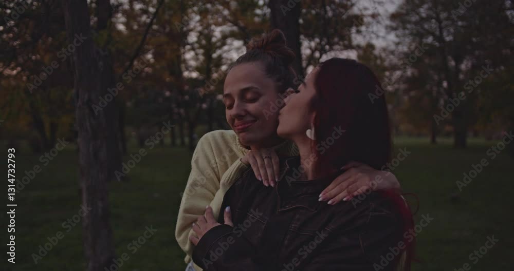 Two young women friends spend quality time in a park, laughing and enjoying each other's company during a beautiful evening. Two young women friends spend quality time in a park, laughing and enjoying each other's company during a beautiful evening.