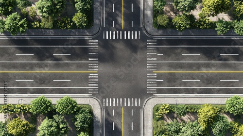 Aerial View of Empty Urban Intersection Surrounded by Greenery