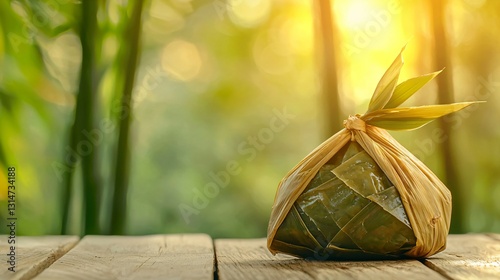 Traditional Zongzi on Wooden Table, Symbolizing Dragon Boat Festival's Cultural Heritage and Warmth