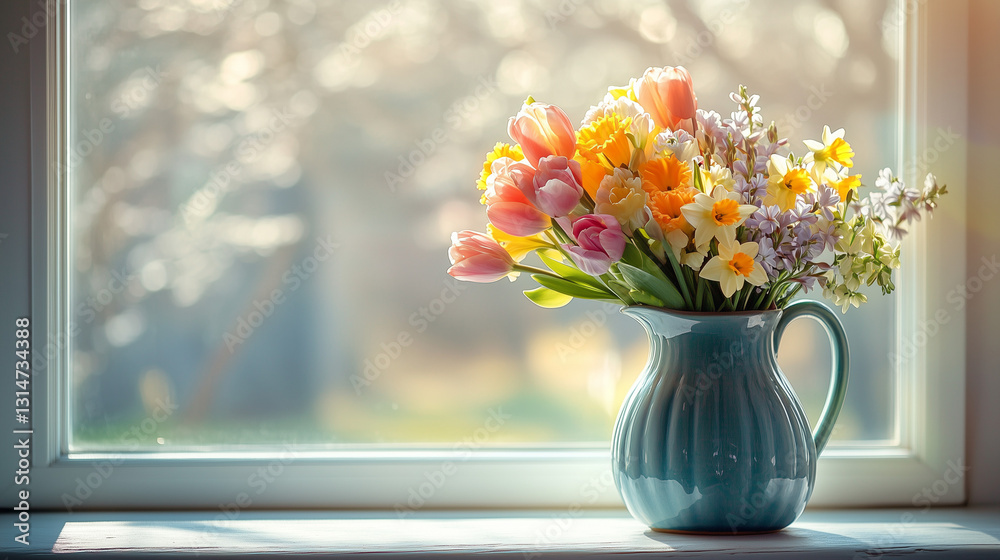 Cheerful Spring Bouquet in Bright Colors Representing a Peaceful Sunlit Floral Arrangement
Cheerful Spring Bouquet in Bright Colors Representing a Peaceful Sunlit Floral Arrangement