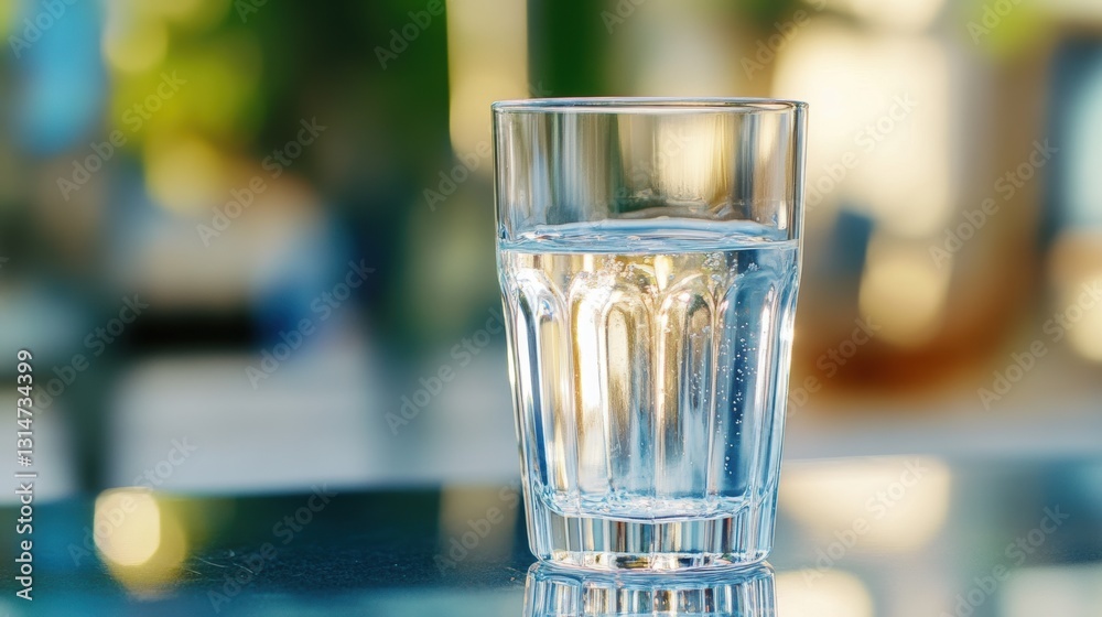 Water in a tall glass with reflection of light on the table . Water in a tall glass with reflection of light on the table .