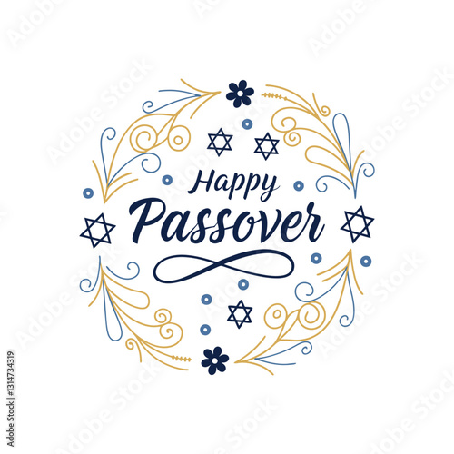 Happy Passover vector illustration with greeting text and for celebration of Passover , isolated on the white  background. Hand lettering calligraphy. Floral circle greeting frame