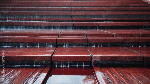 The red steps are slick and wet, making it challenging to ascend them. Water has infiltrated the gaps between the steps, creating a hazardous surface for anyone trying to climb or descend.