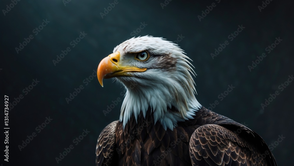 Fototapeta premium Portrait of a bald eagle set against a dark backdrop.