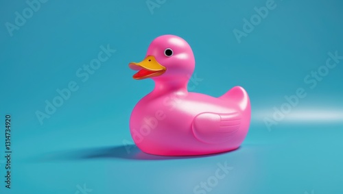 Pink rubber duck against a blue backdrop. Minimal summer concept.
