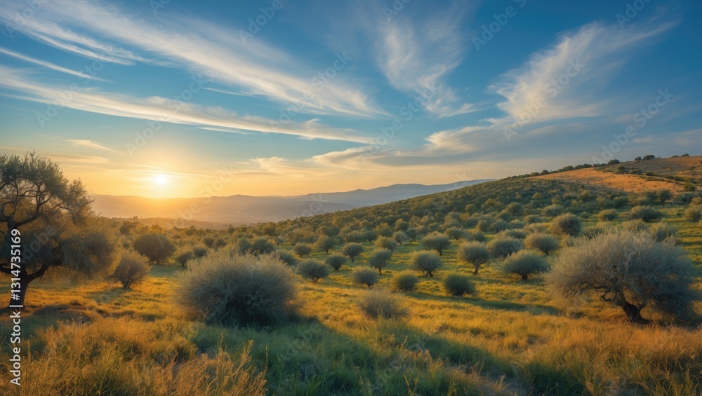 Fototapeta premium Panoramic view of an olive tree plantation during sunset.
