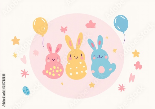 Cute Cartoon Rabbits and Balloons Illustration for Children's Designs