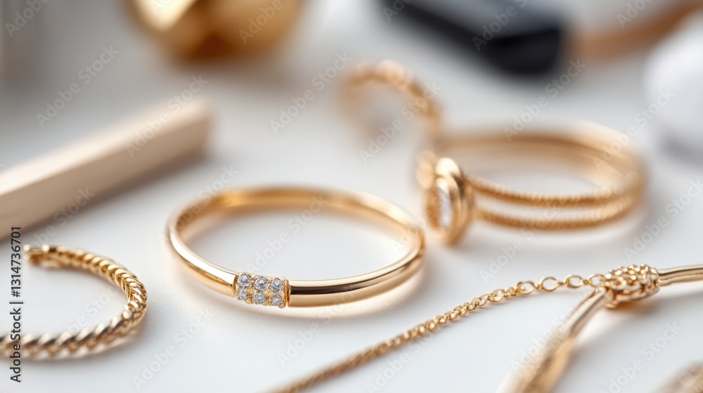 Minimalistic gold jewelry on a light background . Minimalistic gold jewelry on a light background .