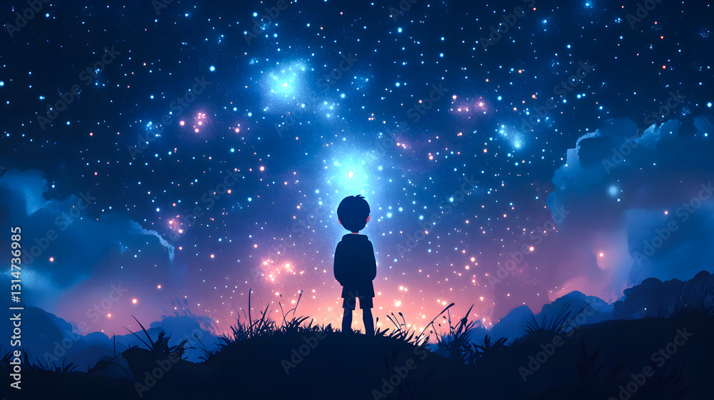 Illustration of a boy looking at night starry sky with glitter glow galaxy flicker above, idea for prayer of hope, love, peace theme, Illustration of a boy looking at night starry sky with glitter glow galaxy flicker above, idea for prayer of hope, love, peace theme,