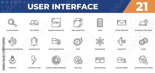 outline icons set - user interface concept. glass material, tiny power and more.