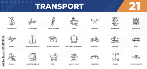 outline icons set - transport concept. scooter bike, car painting and more.
