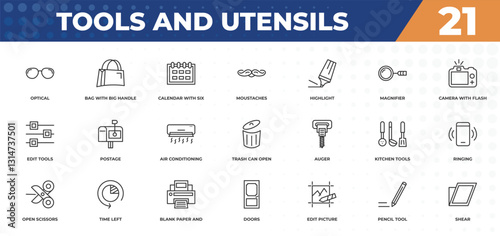 outline icons set - tools and utensils concept. optical, bag with big handle and more.
