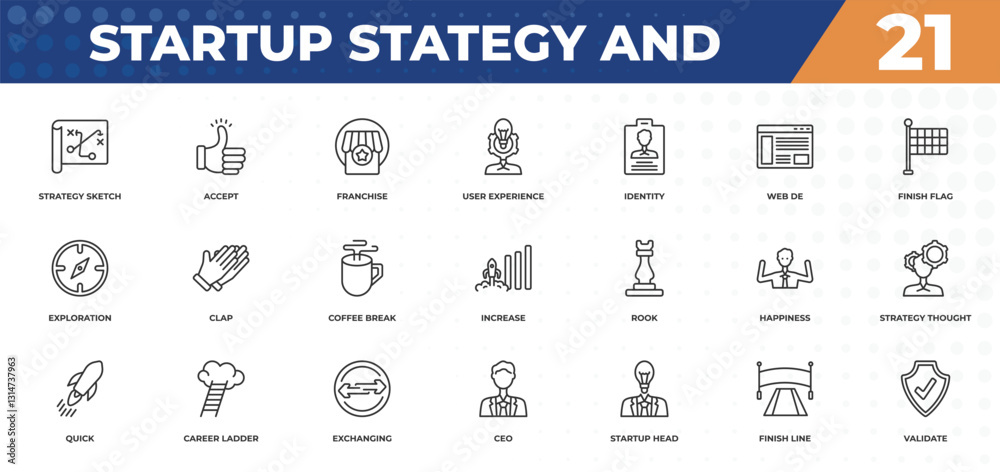 Fototapeta outline icons set - startup stategy and concept. strategy sketch, accept and more.