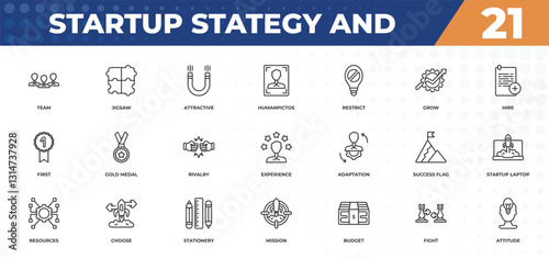 outline icons set - startup stategy and concept. team, jigsaw and more.