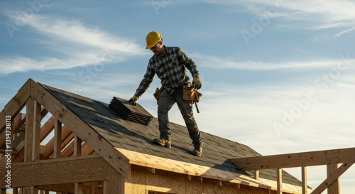 A skilled carpenter standing on the wooden frame of an unfinished American-style house, carefully placing shingles on the roof. 