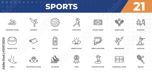 outline icons set - sports concept. swimming figure, capoeira and more.